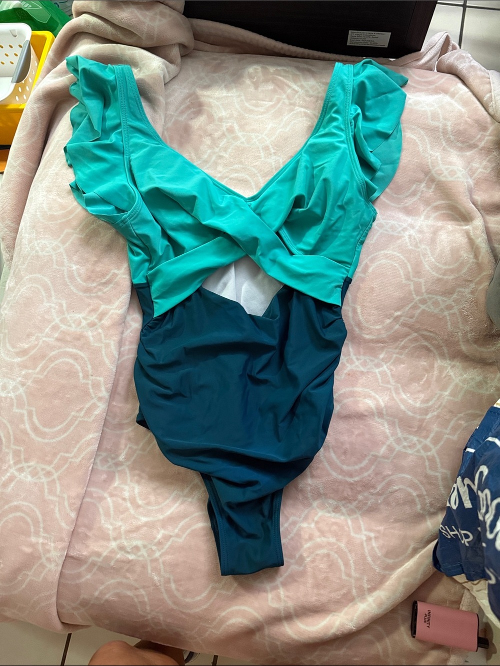 Kids Two-Tone Teal Ruffle One-Piece Swimsuit